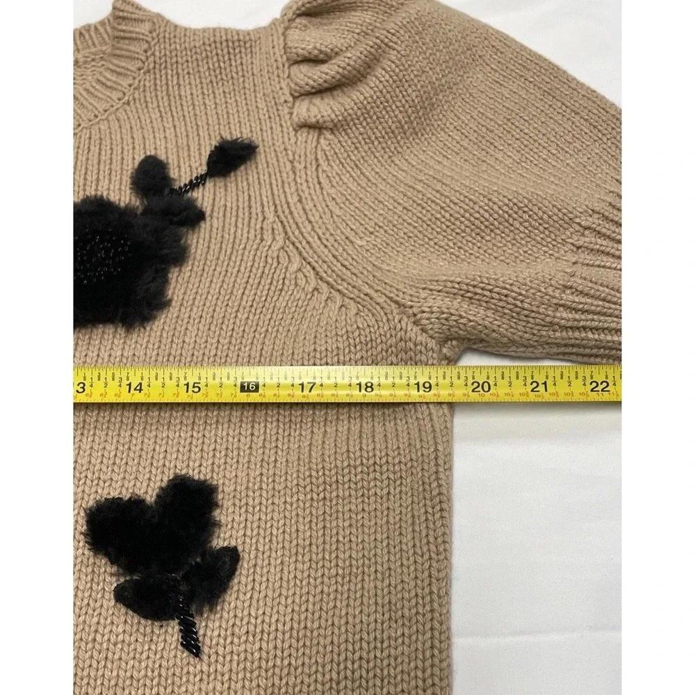 Kate Spade floral appliqué Beige short‎ sleeve Cashmere Wool Blend Sweater M NEW
